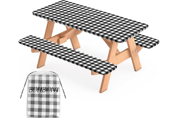 BOUBONI 3 Pcs Set Fitted Picnic Table Cover with Bench Covers and Bag Vinyl Camping Table Cloth Flannel Backing Picnic Table