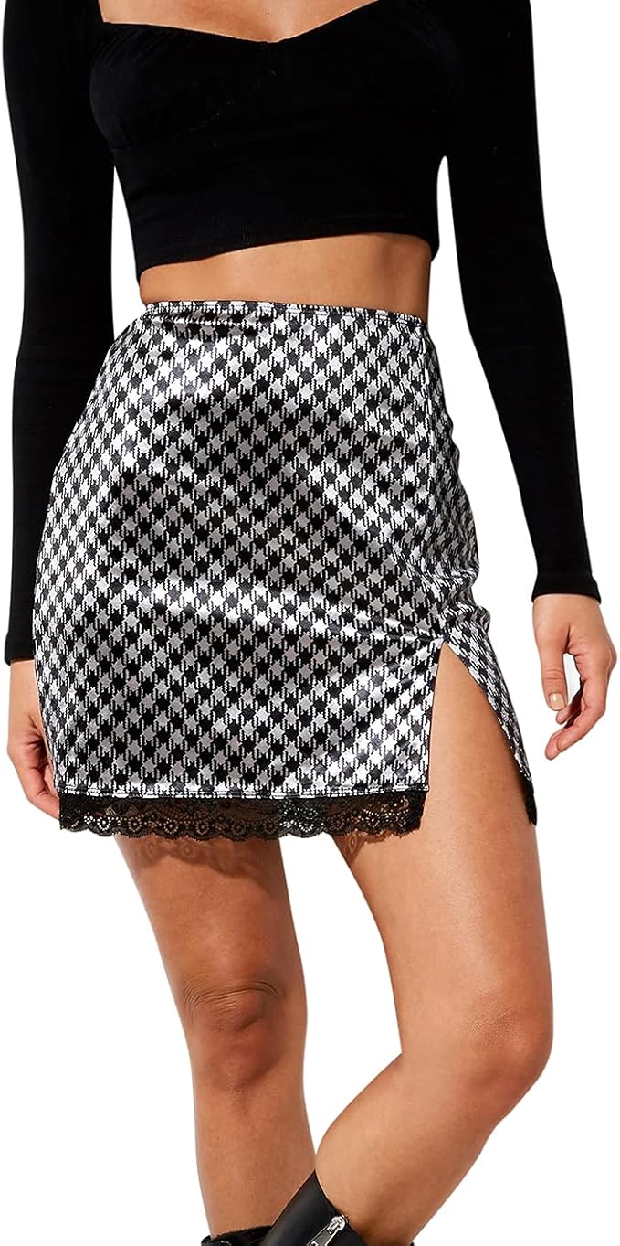 Women Sexy Mini Skirt Y2k Lace Trim Side Split Short Skirt Satin High