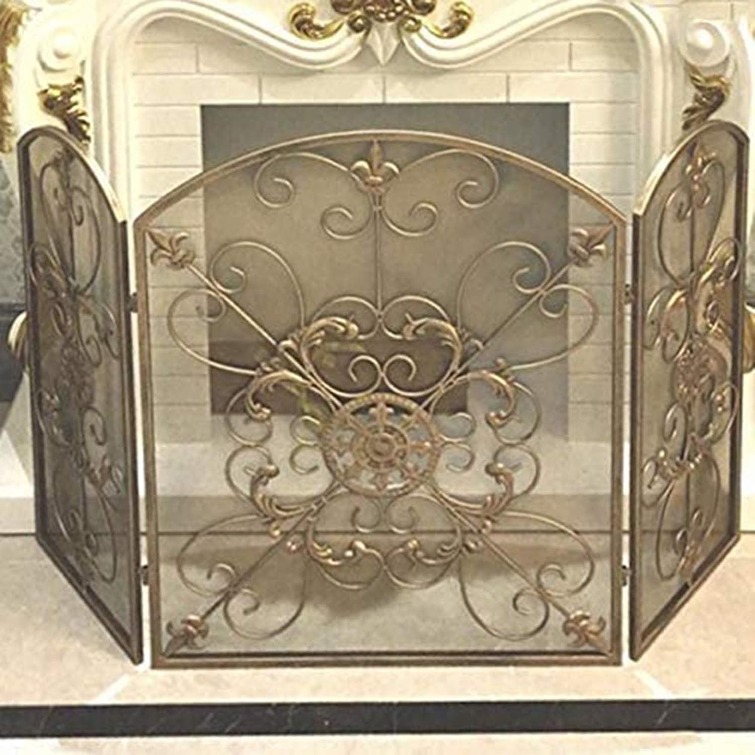 Pantalla Chimenea Pantalla de Chimenea Retro Dorada de 3 Paneles, de