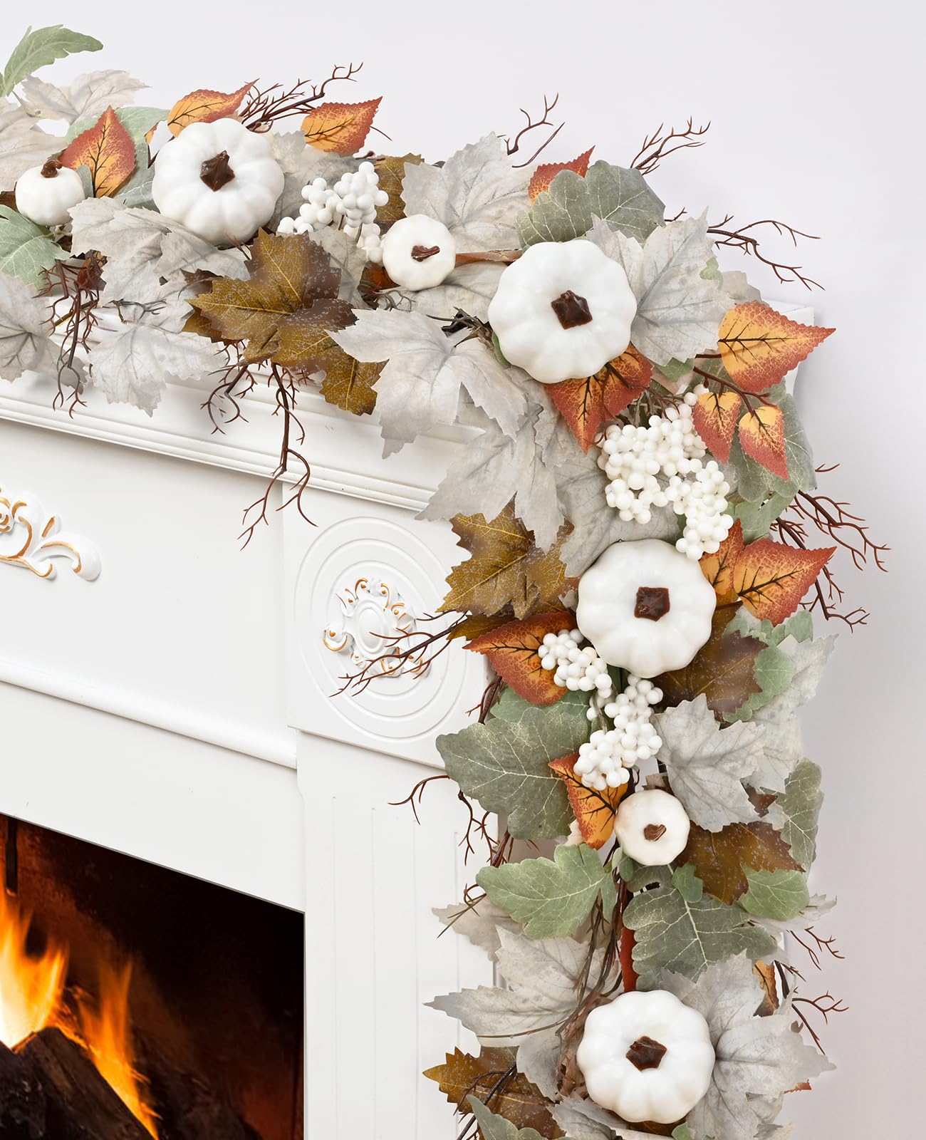 Photo 1 of Fall Decorations for Home, 5.9Ft Fall Garland for Mantle, Fall Leaves Garland with Lights, White Pumpkins Berries & Lifelike Maple Leaves for Home Table Party Outdoor Thanksgiving Decor