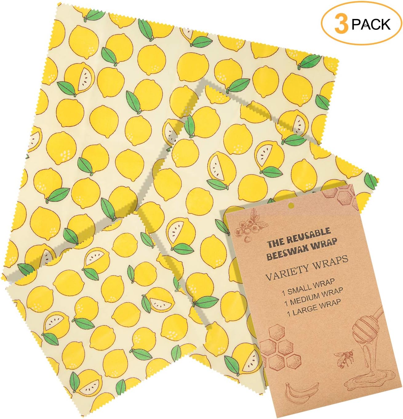 Beeswax Wrap 3 Pack, iTrunk Eco Friendly Reusable Beeswax Food Wraps, Sustainable Non Plastic Bees wrap for Cheese, Fruit, Vegetable and Bread(1 Small/1 Medium/1 Large)