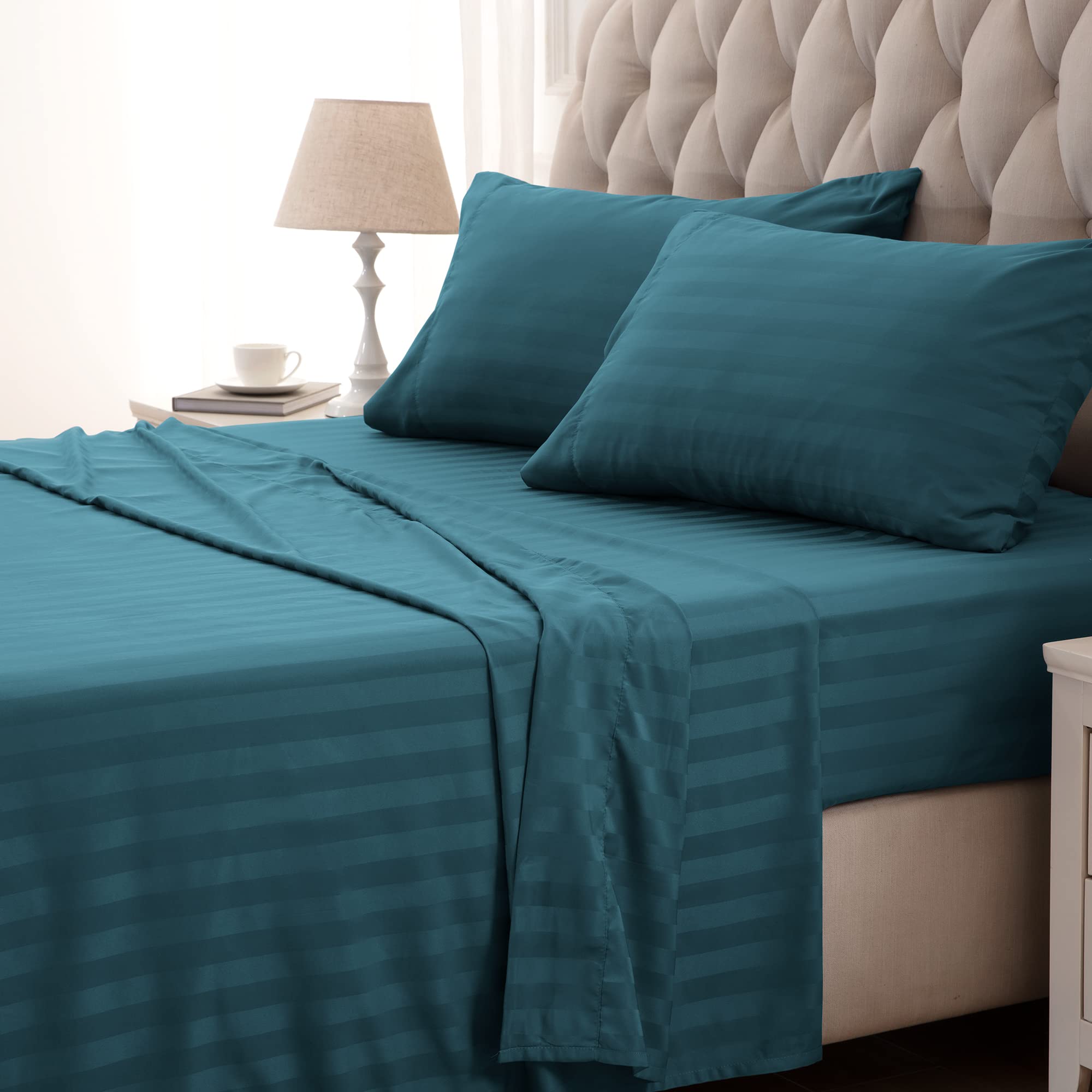 View 1 of SLEEP ZONE Striped Cooling Queen Sheets Set - Fitted Flat Sheet & Pillowcase Sets 4 Piece - Super Soft Stripe Bed Sheet, Easy Care, Deep Pocket (Teal, Queen)