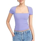 PUMIEY Women's Short Sleeve T Shirts Square Neck Going Out Tops Slim Fit Basic Tee Smoke Cloud Pro Collection