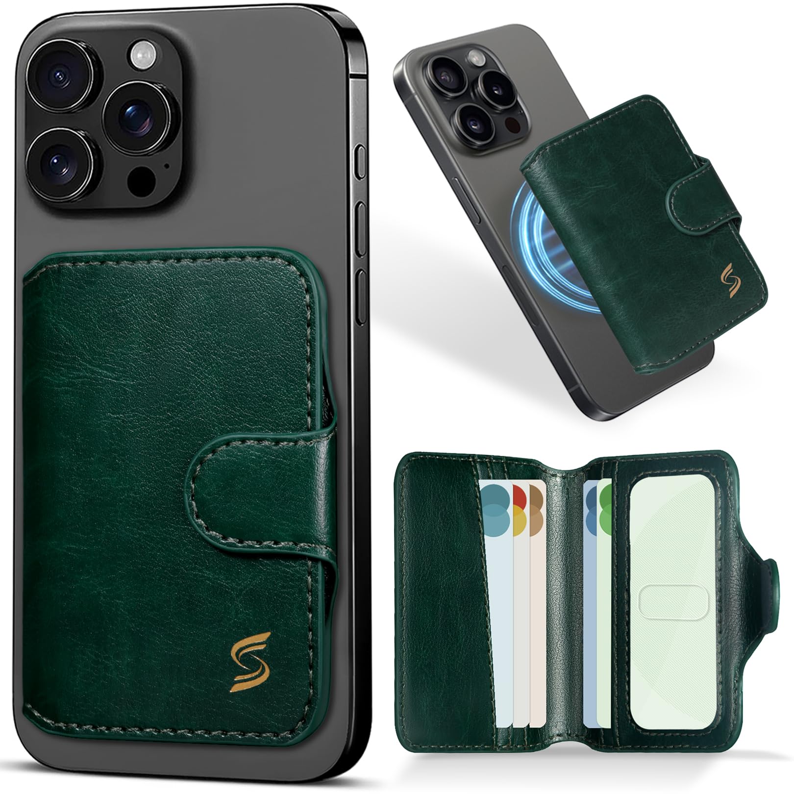 Samgg for MagSafe Wallet Magnetic Card Holder for iPhone 17/16/15/14/13, Pro/Max/Plus, RFID Blocking, 5 Slots Fit 7 Cards, 1 ID Window, Slim Luxury Leather Mag Safe Wallet for Women Men, Emerald Green
