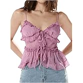 MakeMeChic Women's V Neck Mesh Cami Top Bow Tie Front Spaghetti Strap Frill Trim Ruffle Hem Camisole Tops