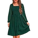 HOSIKA Girls Long Sleeve Dress Swiss Dot Square Neck Smocked Spring Dresses with Pockets 6-14 Years