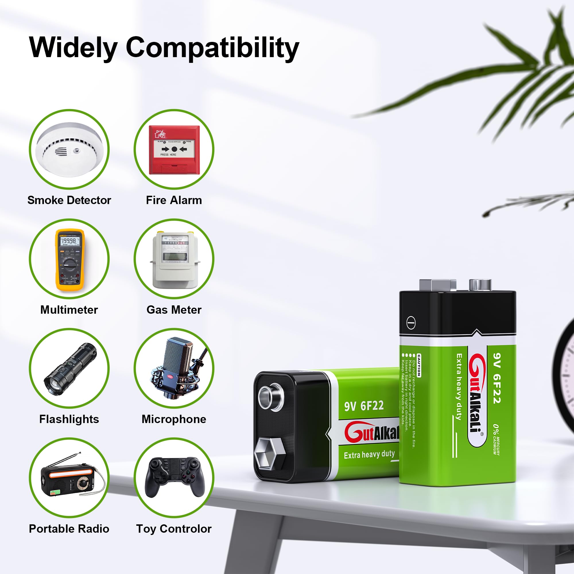 GutAlkaLi Batterien 9V Blockbatterie, 6 Stück, Longlife Power für Rauchmelder, Brand- & Feuermelder, Mikrofon 6lr61 6F22 PP3 MN1604 2