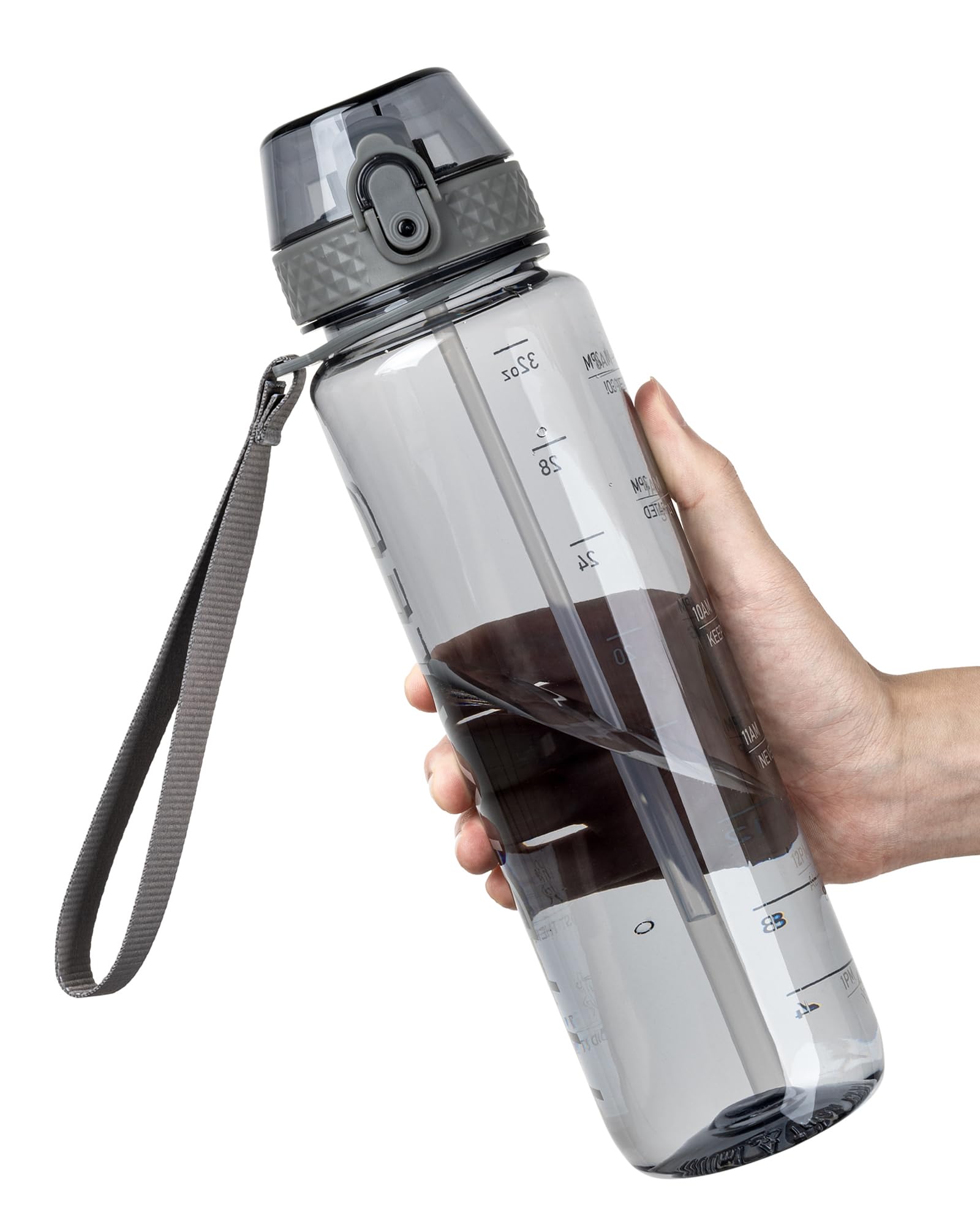 OLDLEY 1L Sports Water Bottle with Straw, Tritan 1 Litre Motivational Drink Bottle, BPA Free Leakproof Transparent Water Bottle with Time Marker for Cycling, School, Gym, Outdoor (Grey)