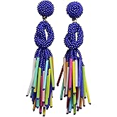 Handmade Beaded Solid Color Post Statement Earrings for Women All Season 4 inch Long (Blue Multi)