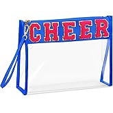 Remerry Clear Chenille Letter Makeup Bag Stand up Snack Bags Preppy Cosmetic Pouch Expandable Clear Travel with Wrist Strap Zipper Portable Multipurpose PVC Nylon for Women Travel(Blue,Cheer)