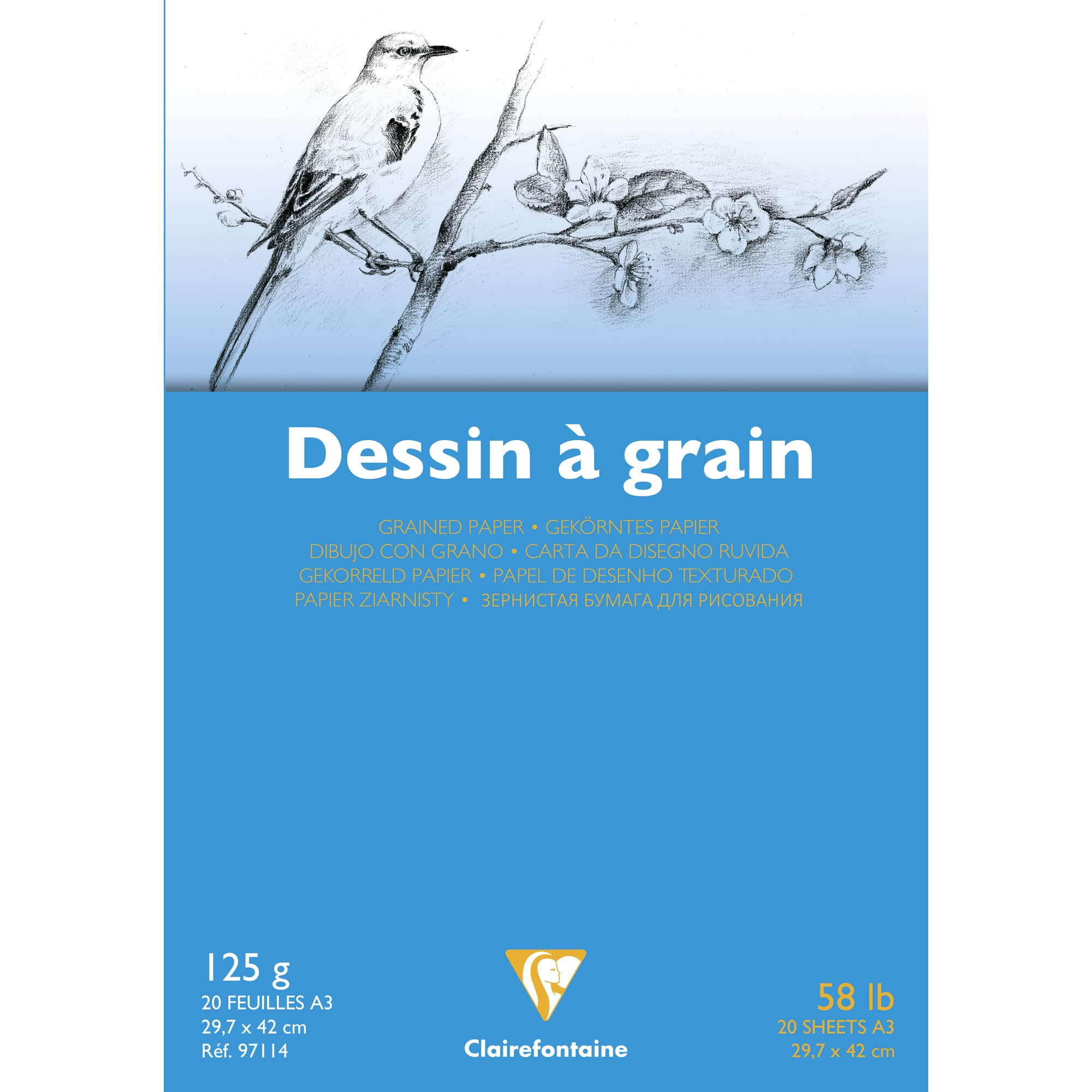 Clairefontaine - Ref 97114C - White Grained Drawing Paper Glued Pad (20 Sheets) - A3 Sized, 125gsm Paper, White & Grained Drawing Paper, Acid Free, pH Neutral