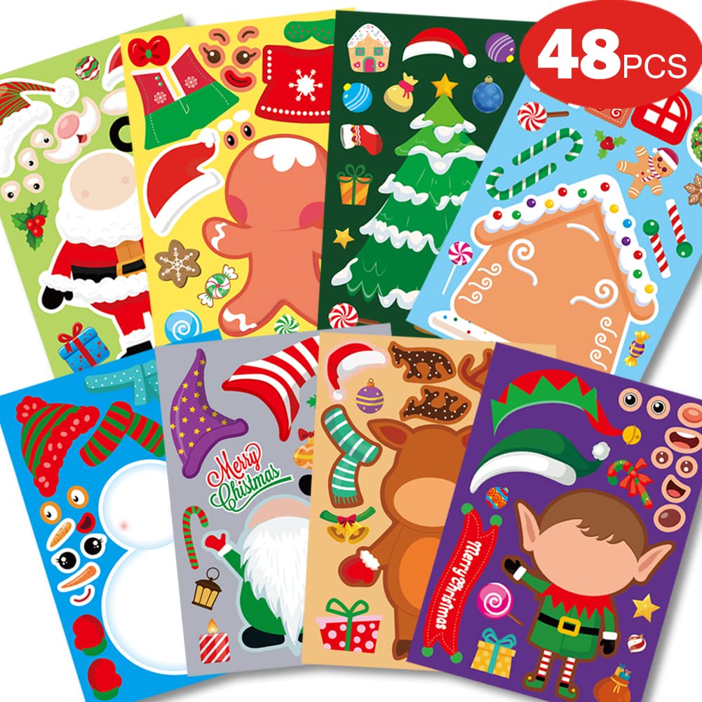 48 Sheets Christmas DIY Stickers for Kids Toddlers - Make Your Own Personalized Cartoon/Character/Face Stickers, Perfect for Christmas Party Games, Craft Activities, Goodie Bags, Stocking Stuffers