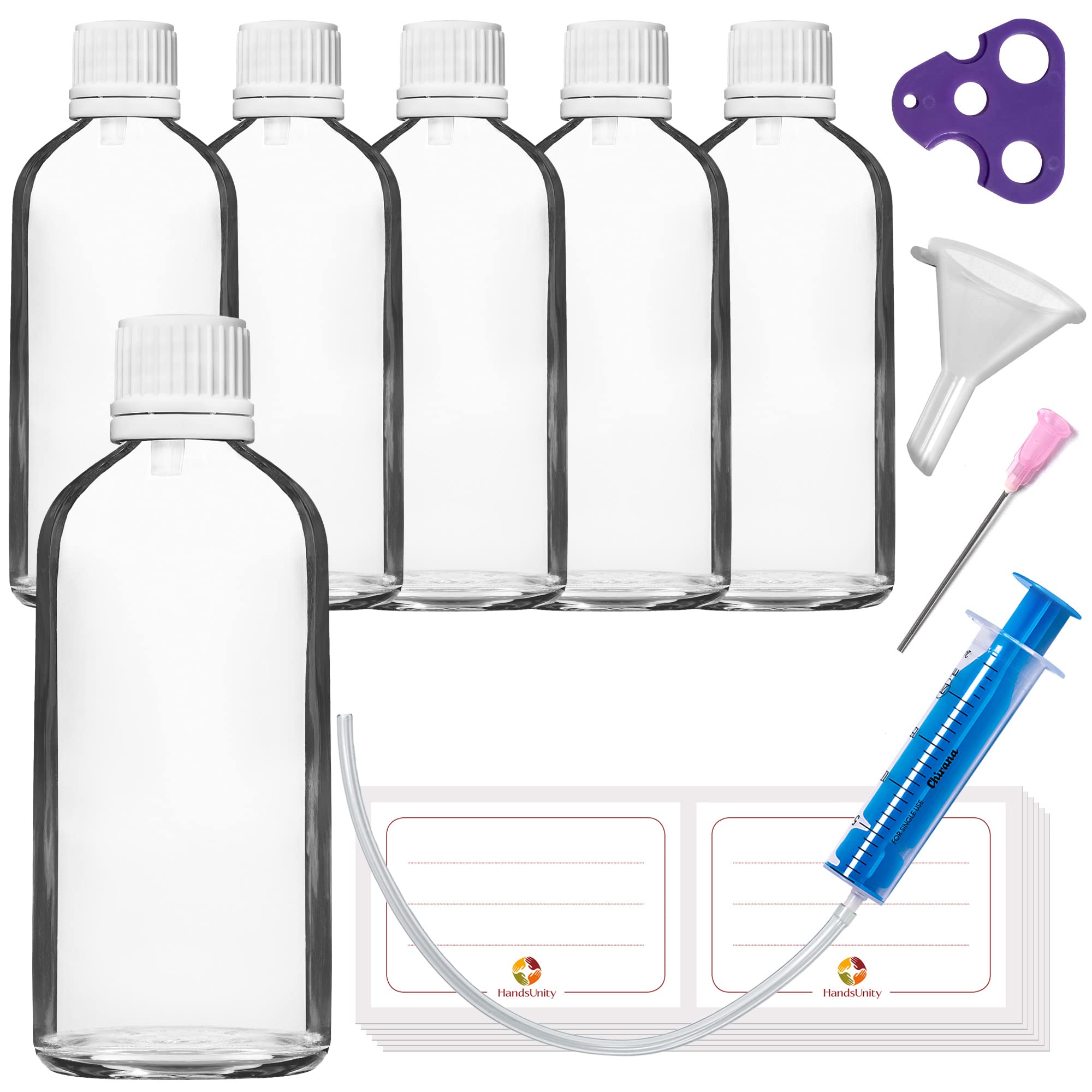 HandsUnity 100ml-6pcs of Dropper Insert Bottle - Small Clear Glass Bottle Apothecary Glass set with White Dropper Insert Cap made of Transparent Glass set including 18 auxiliary Accessories