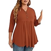 PLOKNRD Women's Plus Size Tops 3/4 Sleeve Henley V Neck Button Up Flowy T Shirts Tunic Loose Blouses
