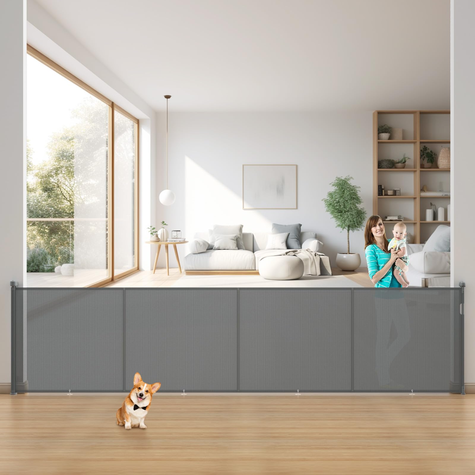 Photo 1 of 200 Inch Retractable Baby Gates Extra Wide, 42 Inch Tall Retractable Gate, 16.5 FT Reinforced Retractable Dog Gate with Rods & Hooks to Prevent Crawling Through, for Stairs, Indoor/Outdoor, Gray
