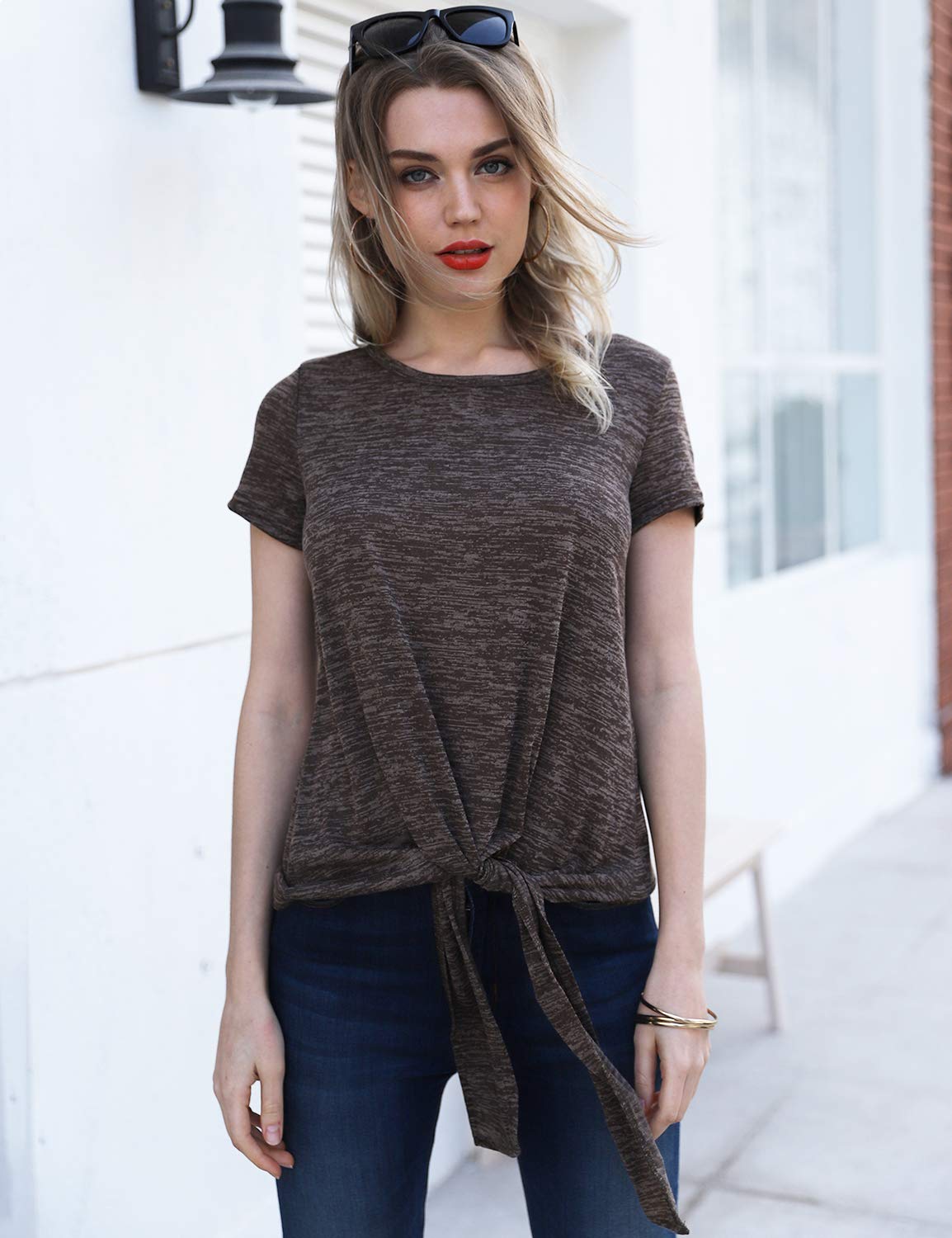 Blooming Jelly Ladies Tie Up Top Asymmetric Casual T Shirt Summer Tops for Women Going Out Brown,S