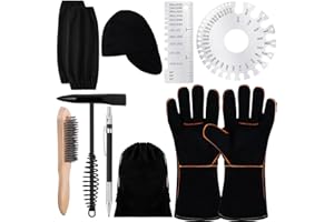 Kingdder 9 Pcs Welding Tools Kit Slag Removal Accessories Set Include Welding Chipping Hammer Hat Insulated Protective Sleeve Gloves Wire Brush and Stainless Steel Metal Sheet Thickness Gauges Black