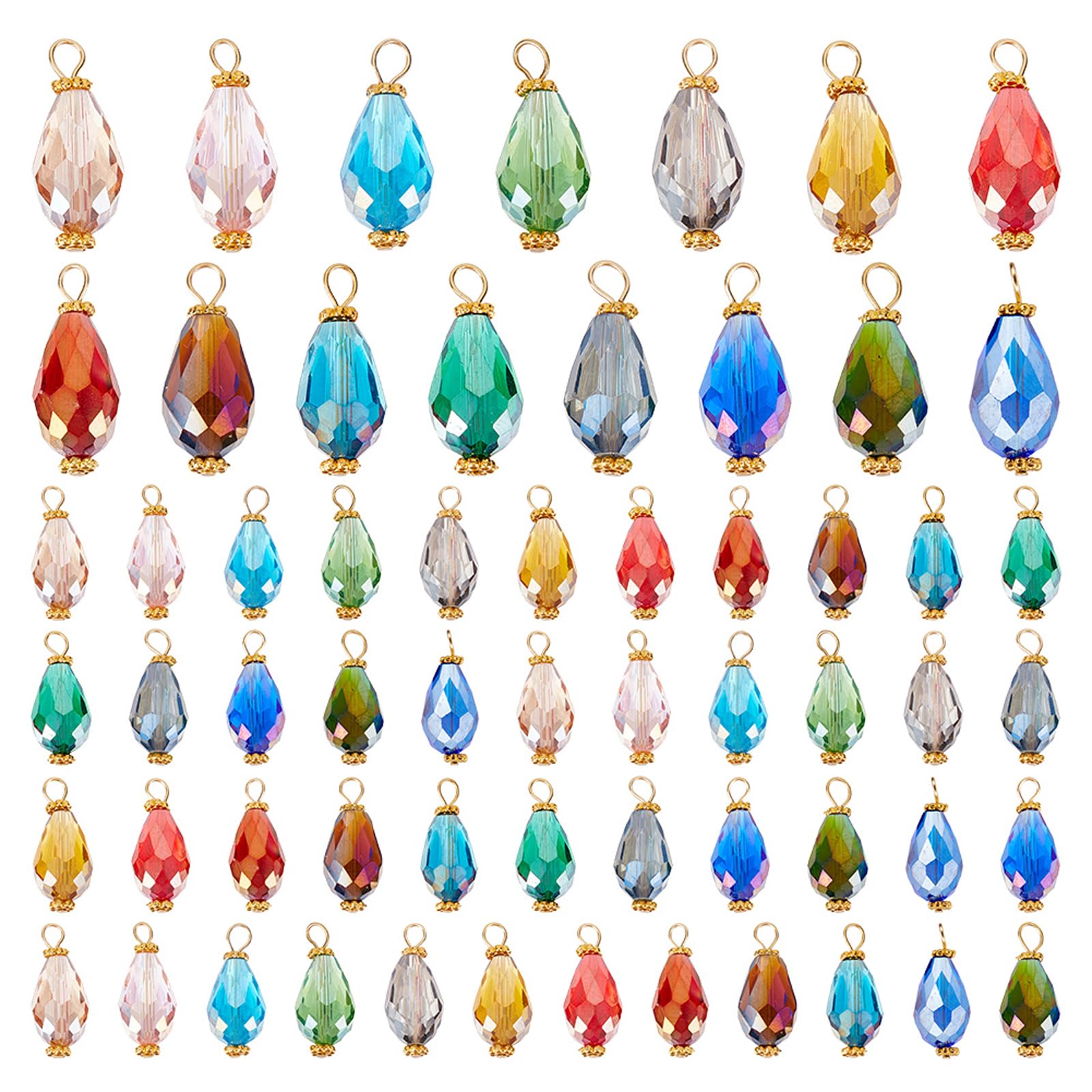 HOBBIESAY 60Pcs 15 Colors Glass Teardrop Charms Crystal Faceted Glass Dangle Charm Transparent Drop Pendant with Golden Loop Bead Cap for DIY Jewellery Making Bracelets Necklace Earrings Craft