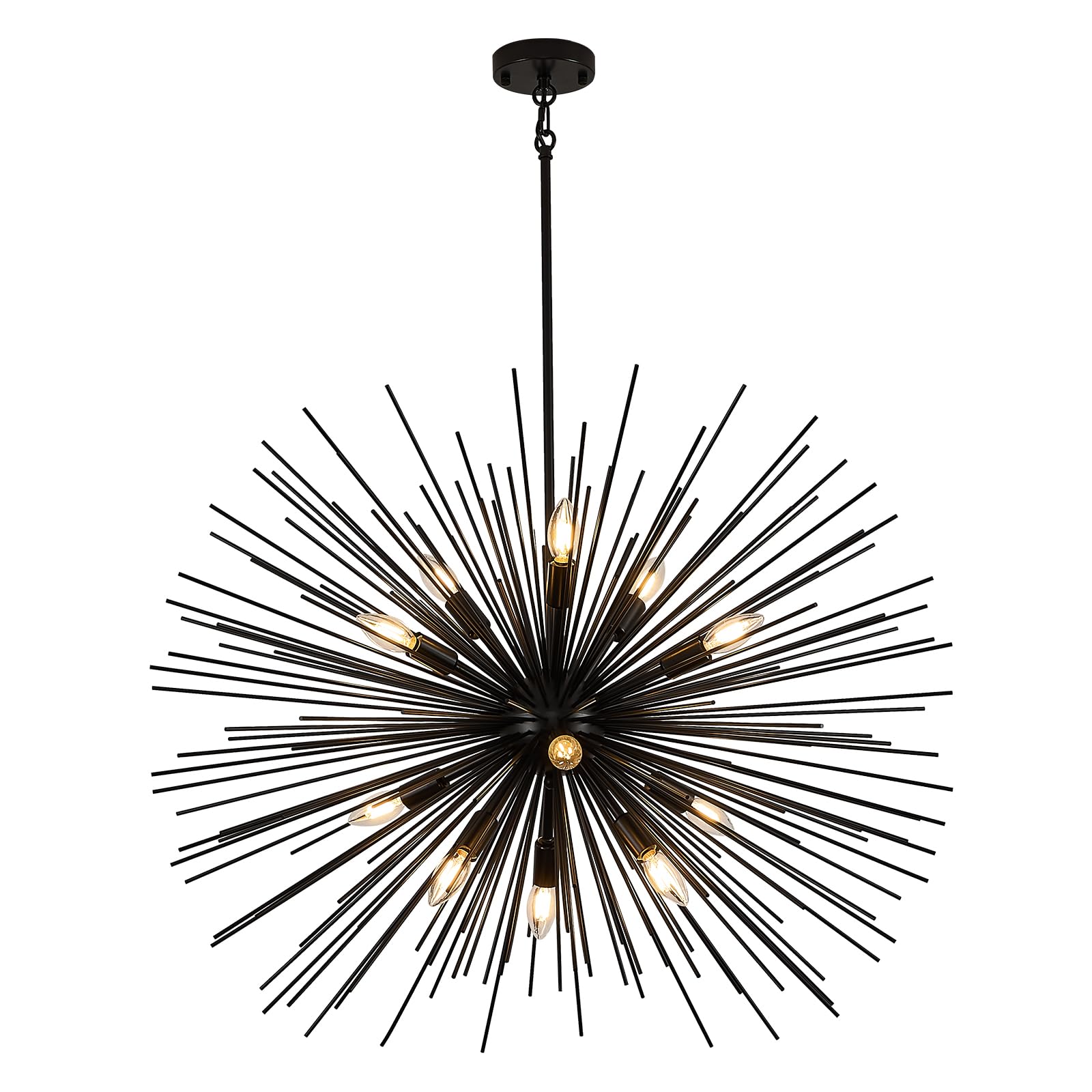 Photo 1 of FookChak 35in Black Sputnik Chandelier 12-Light Starburst Chandelier Light Fixture Solid Metal Mid-Century Modern Satellite Light Fixture for High Ceiling Living Room Dining Room Foyer, E12