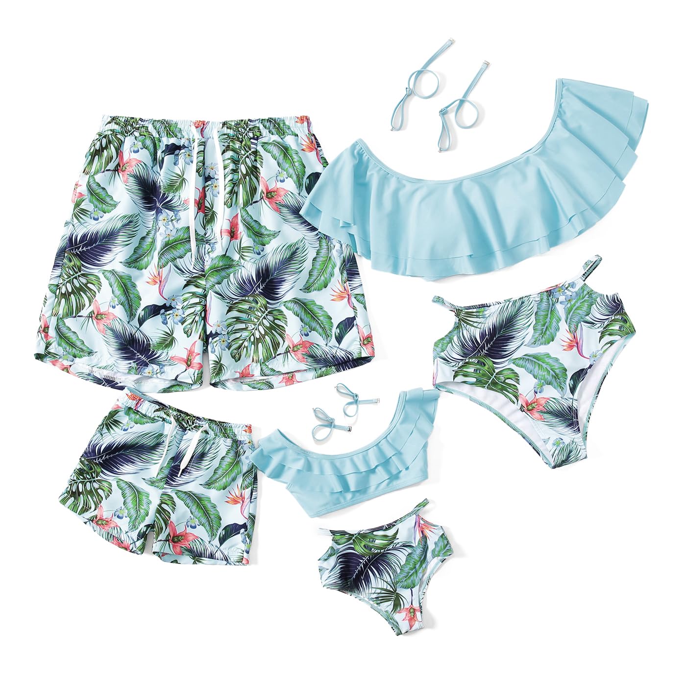 Photo 1 of IFFEI Family Matching Swimsuits Off Shoulder Two Piece Bikini Sets Mens Swim Trunks Mommy and Me Bathing Suit with Straps Women: S