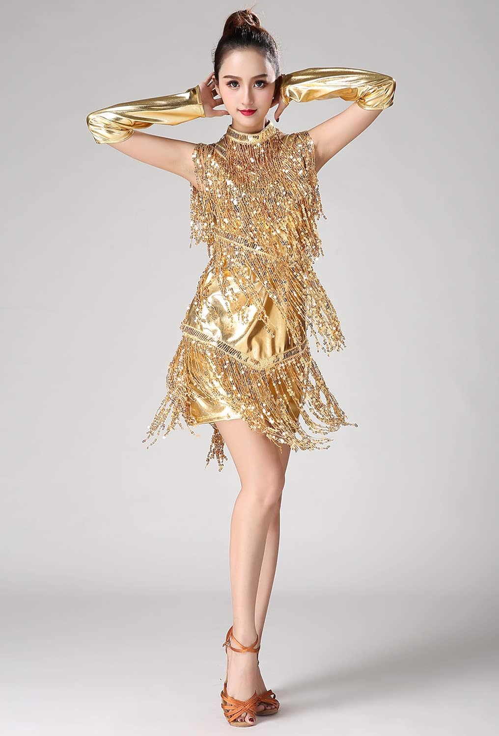 ZX 1920s Inspired Sequin Fringe Sleeveless V Neck Flapper Party Dance Dress 4 Pieces Outfits (7 Colors): Clothing