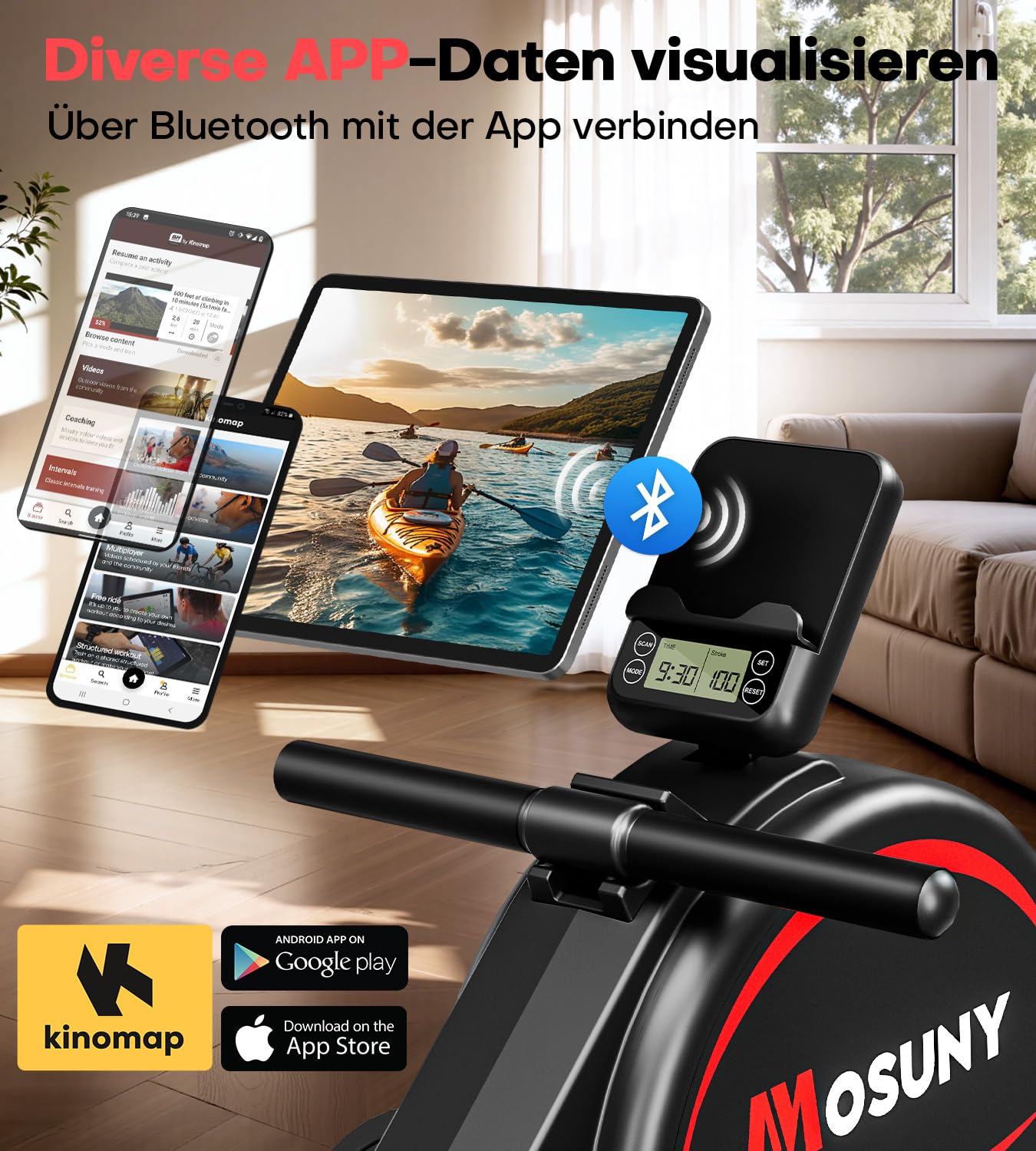 MOSUNY Rudergerät für Zuhause, Magnetisches Rudergerät mit 16 Widerstandsstufen,Upgrade Doppel-Slide-Rails Ultraleise, App-Kompatibel LCD-Datenanzeige, Belastbar bis160kg Rowing
