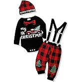 AMAWMW My First Christmas Baby Boy Outfit Infant 1st Christmas Romper Red Plaid Suspender Pants Hat Newborn Clothes Sets