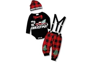 AMAWMW My First Christmas Baby Boy Outfit Infant 1st Christmas Romper Red Plaid Suspender Pants Hat Newborn Clothes Sets