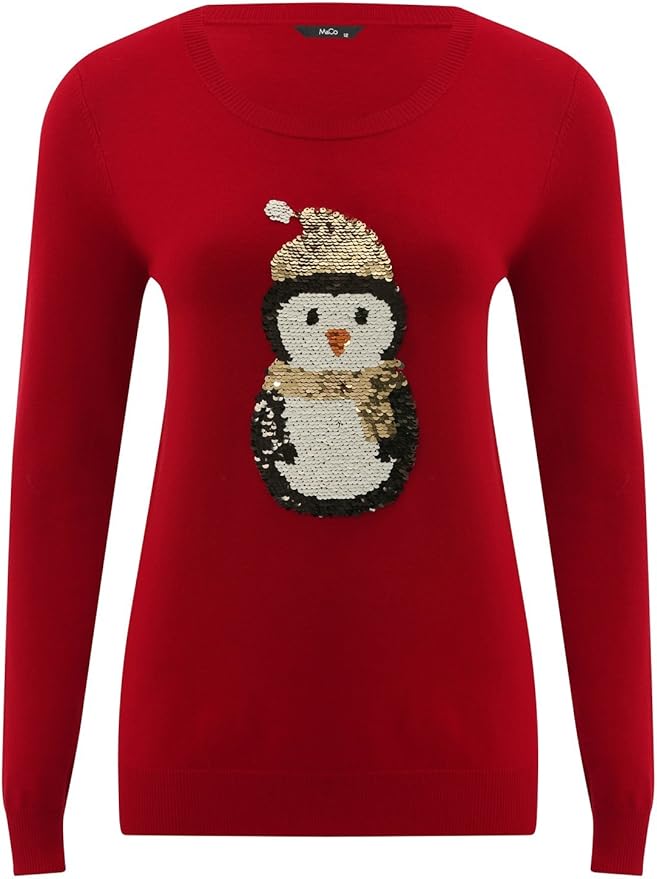 M&Co Ladies Red Long Sleeve Soft Knit Pull On Two Way Sequin