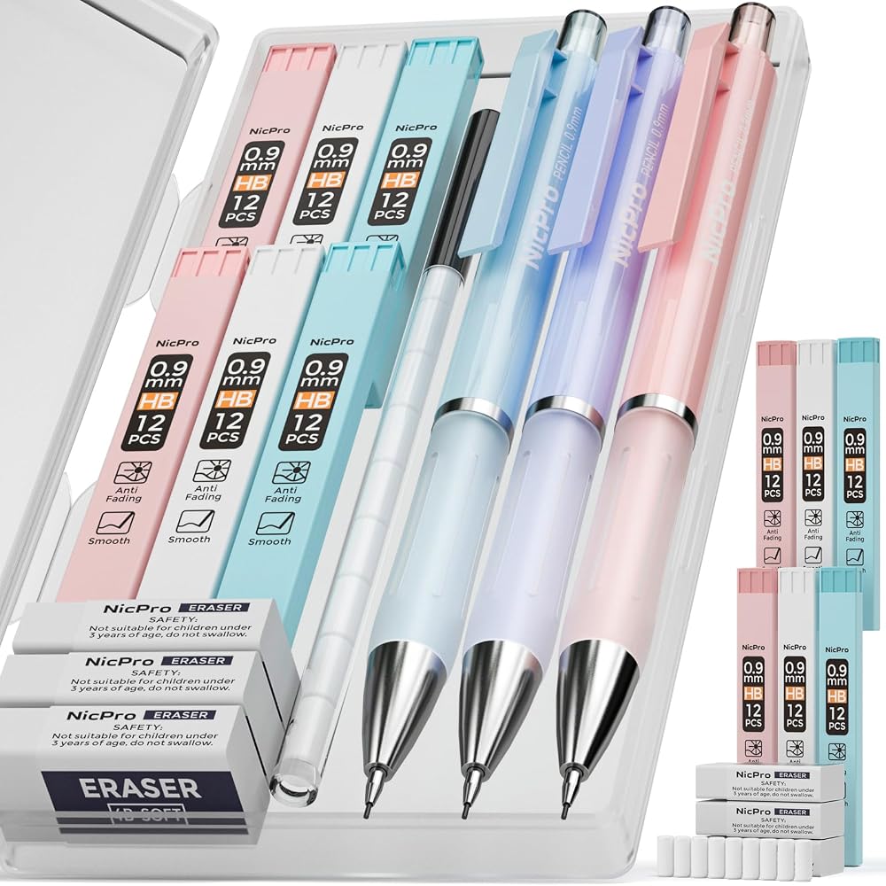 Nicpro Pastel Mechanical Pencil Set 0.9mm Case 3 Pcs Refill Eraser 9pc