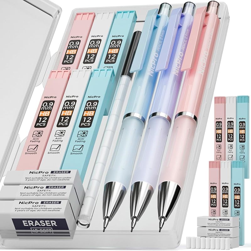 Nicpro Pastel Mechanical Pencil Set 0.9mm Case 3 Pcs Refill Eraser 9pc