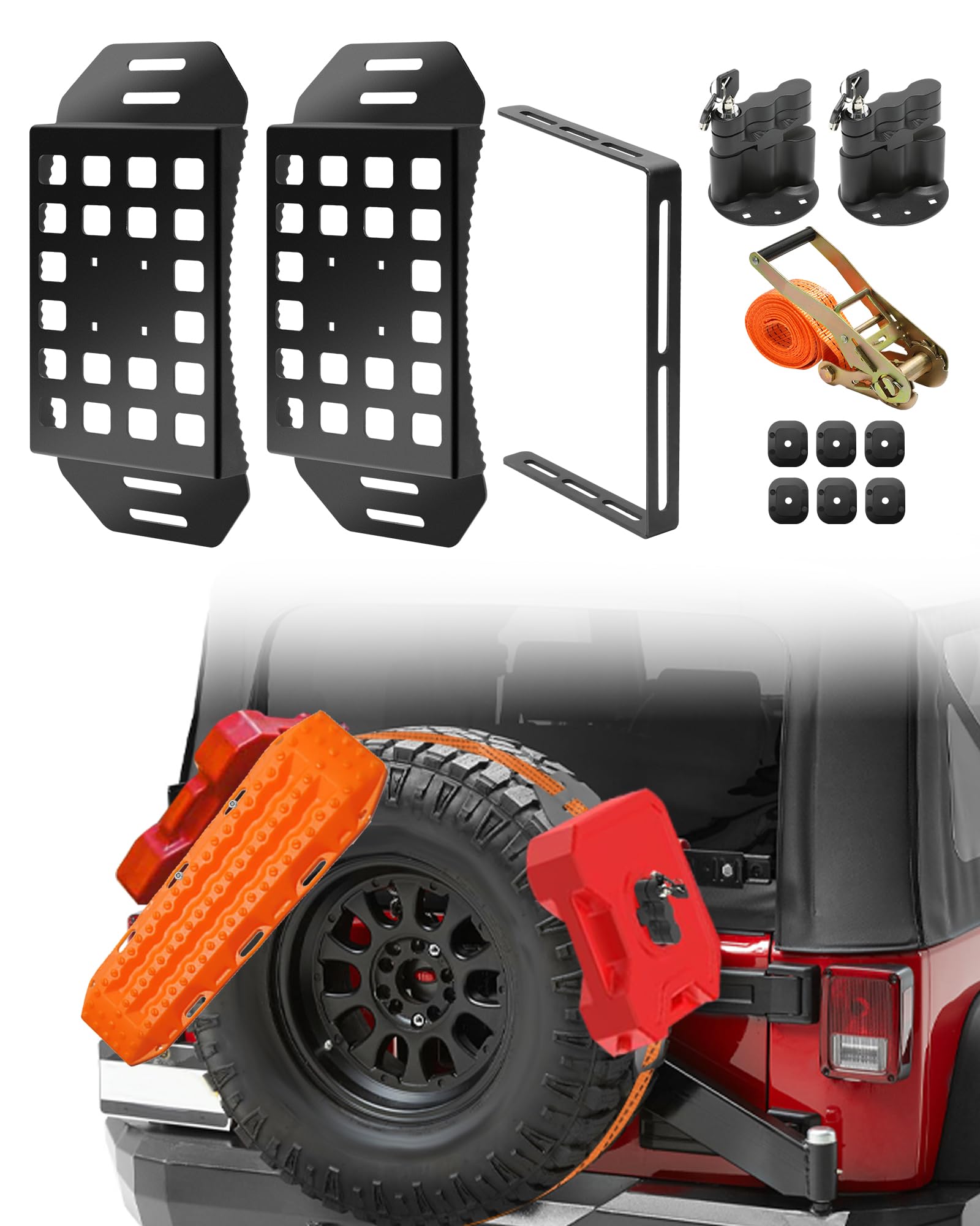 Photo 1 of Krysolad 2 Pcs Lockable Universal Quick Release Spare Tire Mount with Ratchet Strap, Molle Panel Tire Mount with Oil Drum Lock and Vehicle Tow Plate Mount, Steel, Fit for 30" - 40" Diameter Tires