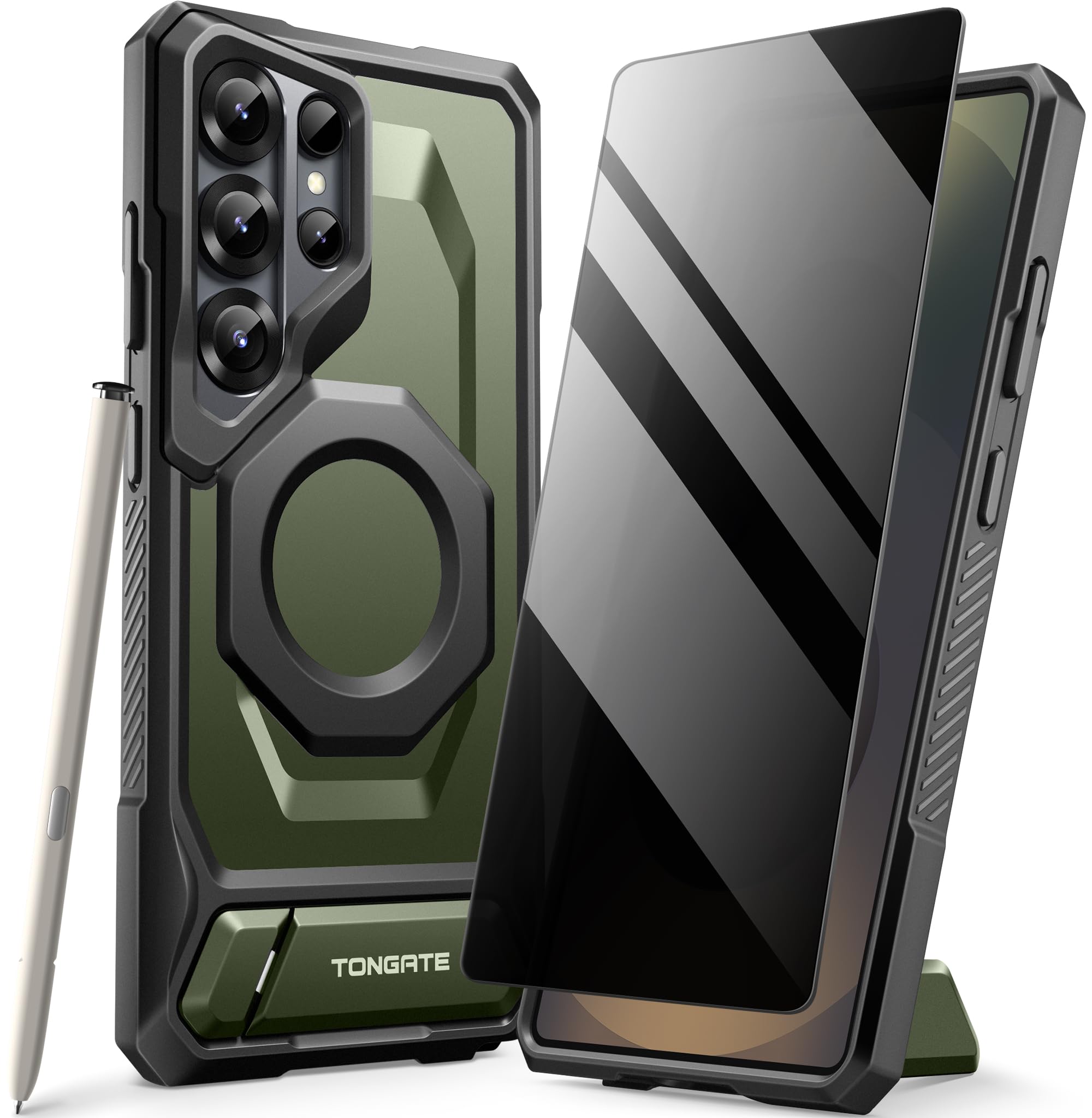 Tongate Magnetic for Samsung Galaxy S25 Ultra Case with Aluminum Alloy Stand, Privacy Screen Protector, Compatible with MagSafe, TPU Anti-slip Edge, Military Grade Protection Case for S25 Ultra, Green