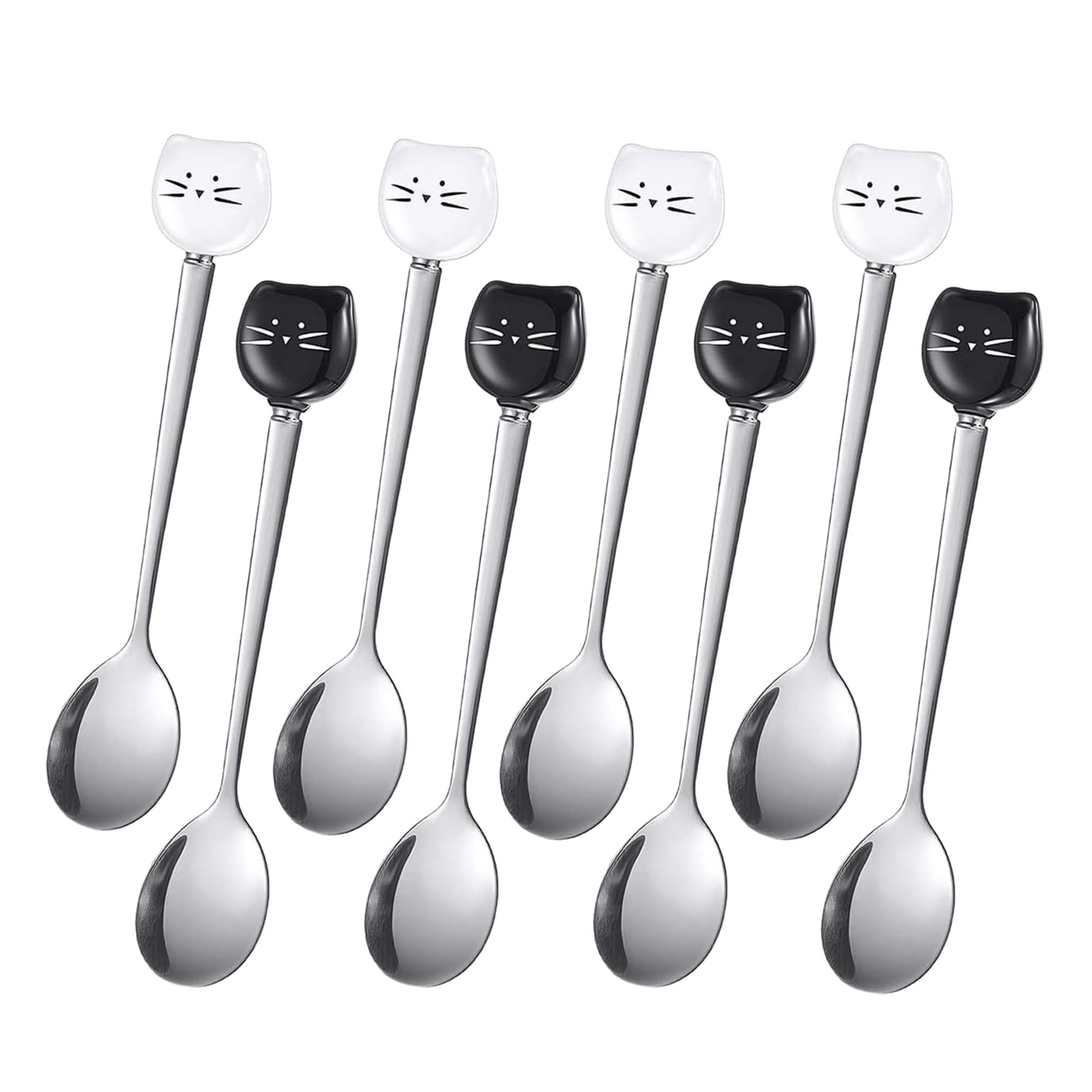 Pack of 8 Cute Stainless Steel Cat Head Coffee Spoons, Coffee Stirring Spoons, Fine Polished 2 Face, Cat Lovers Spoon, Ice Cream Dessert Spoon for Stirring Tea Coffee Sugar Dessert (Black, White)