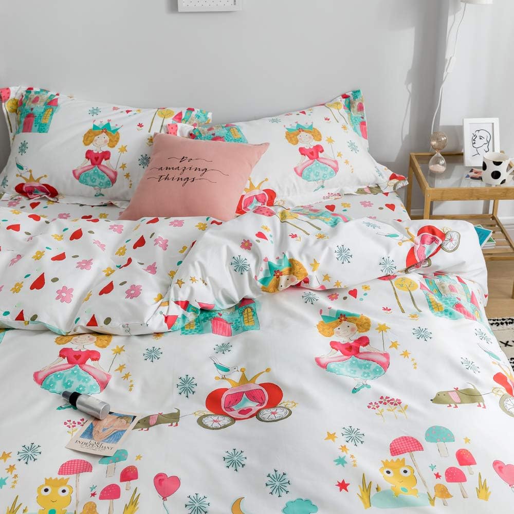 BuLuTu Fairy Print Teen Girls Duvet Cover Set Full/Queen White Pink,3 Pieces 100% Cotton Premium Cute Kids Baby Girl Comforter Cover,Snow Stars Pink Floral Love Bedding Collections Sets,No Comforter