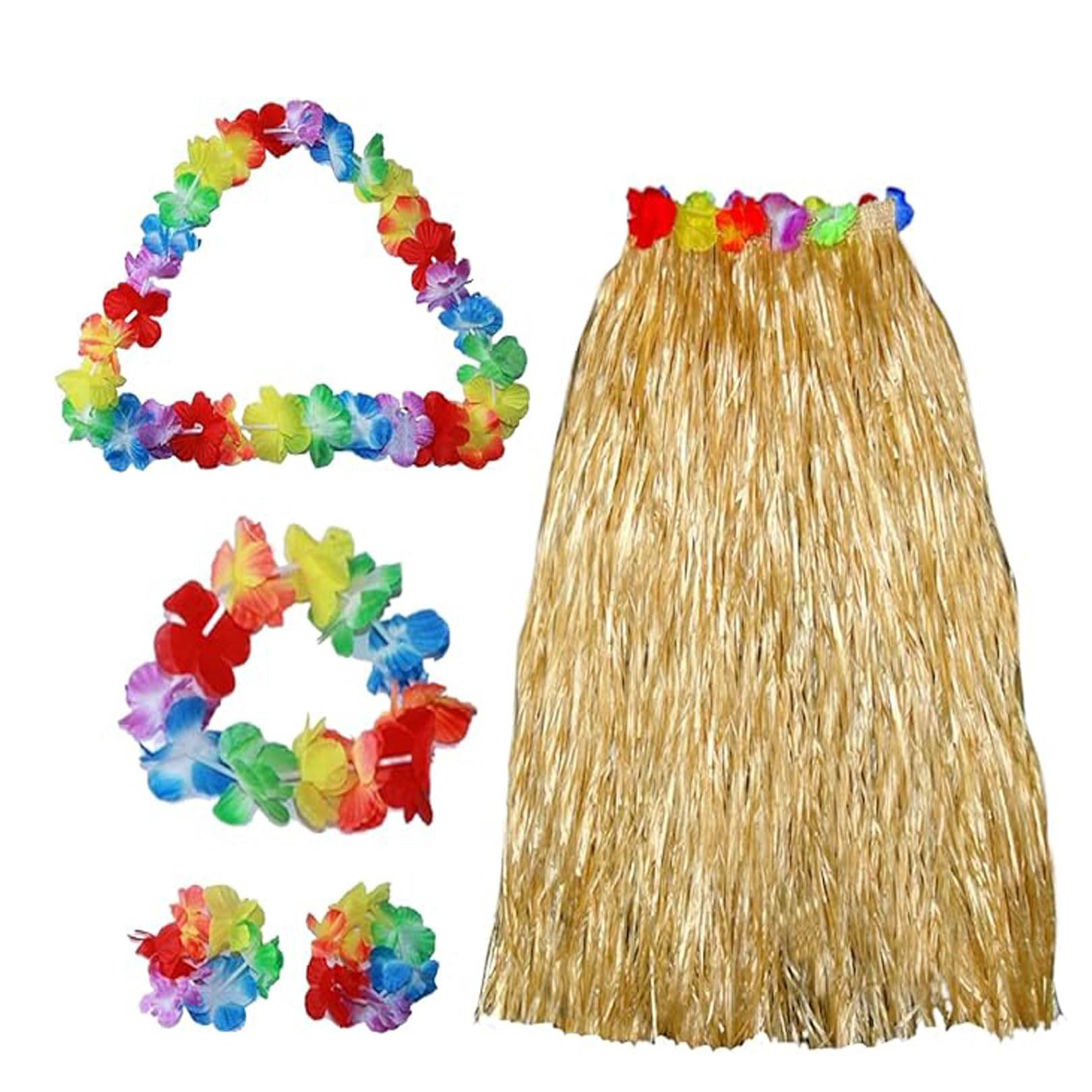 VilaGi 5 PCS Hawaiian Hula Skirt Costume Set,Hawaiian Fancy Dress Grass Skirt Garlands Bracelet Necklace Hawaii Leis for Adults Summer Beach Outfits Flower Leis Tropical Party Decorations Supplies
