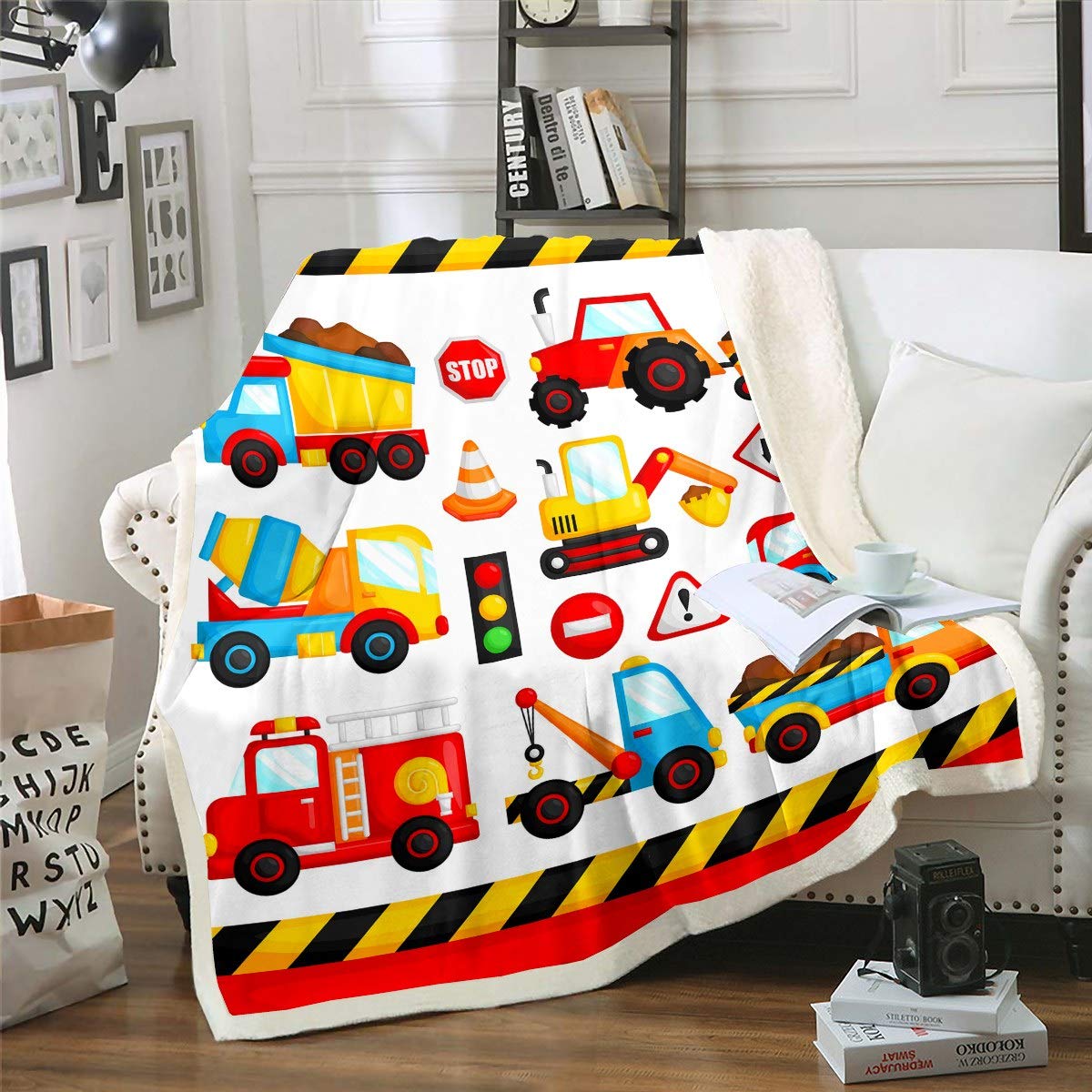 Kids Construction Fleece Blankets Child Cartoon Car Throw Blanket Boys Girls Various Vehicles Blanket Construction Truck Pattern Sherpa BlanketRoom Decor Single 50"x60"