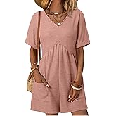 AlvaQ Rompers for Women Solid Color Casual Short Sleeve V Neck Zipper Short Jumpsuits with Pockets