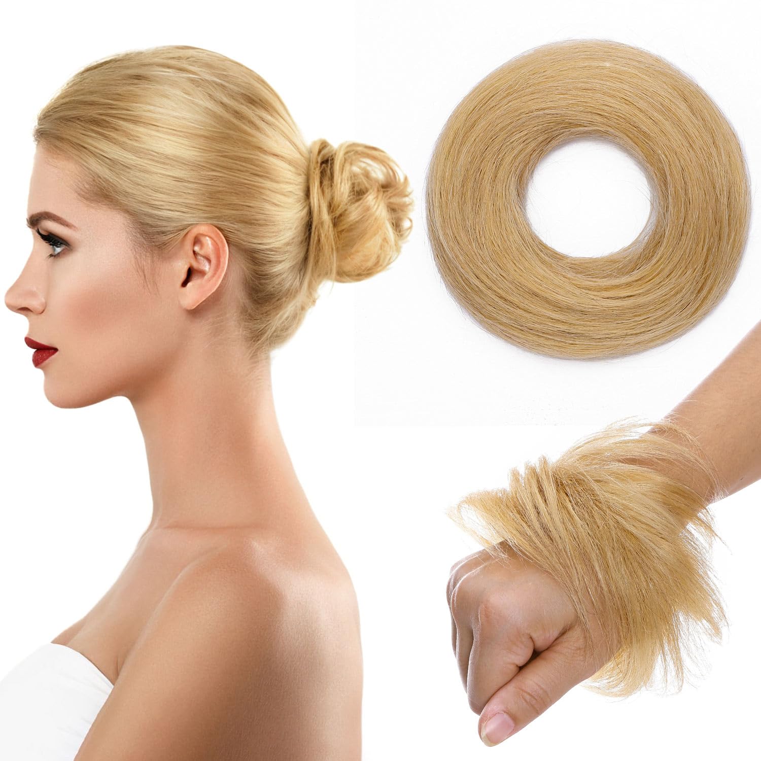 Photo 1 of TESSHAIR Human Hair Messy Bun, 100% Real Hair Bun Extensions for Women,Natural Wavy,2 Count#-24 Natural Blonde