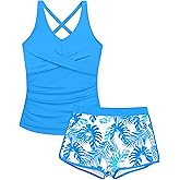 Girls Tankini Swimsuits 2 Piece Criss Cross Ruched Swimwear Printed Swim Shorts Girl Bathing Suit for 9-16 Years