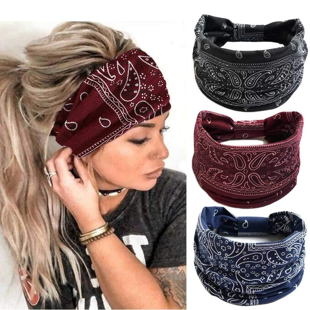 Headbands for Women Ladies Wide Hair Band Boho Floral Print Knot Elastic Running Yoga Head Wrap Hairbands（3 Colors）