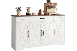 HOMCOM Sideboard Buffet Cabinet, 55" Farmhouse Kitchen Storage Cabinet with 4 Barn Doors, 3 Drawers, 3 Adjustable Shelves, Co