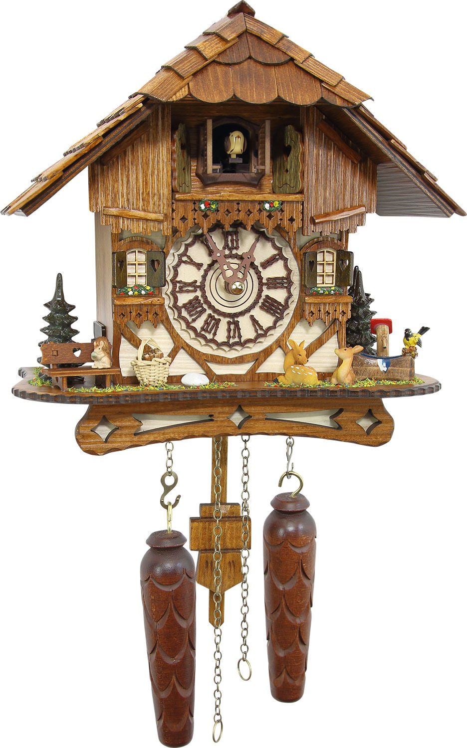 Cuckoo-Palace German Cuckoo Clock - Blackforest Hillside Chalet with wonderful animals with quartz movement - 10 1/4 inches height