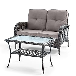 HUMMUH Outdoor Loveseat Sofa 2-Seat PE Wicker