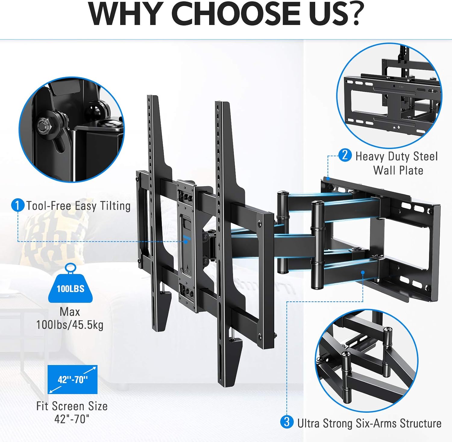 MOUNTUP TV Wall Mount, Full Motion TV Mount Swivel and Tilt for 42-70 Inch Flat Screen/Curved TVs, Articulating Wall Mount TV Bracket with Max VESA 600x400mm, Holds up to 100lbs, Fits 12" 16" Studs: Electronics