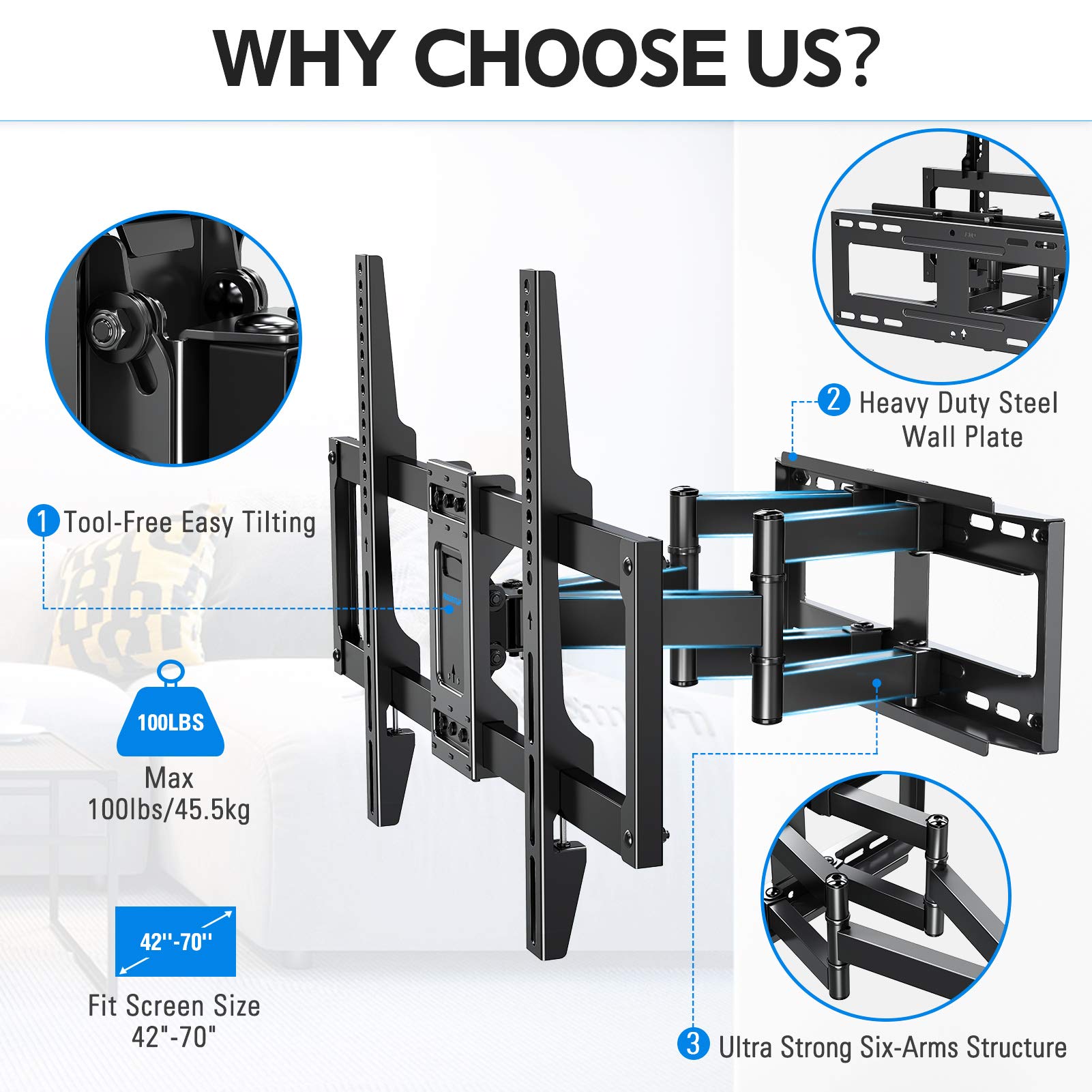 MOUNTUP TV Wall Mount, Full Motion TV Mount Swivel and Tilt for 42-70 ...