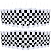 Domensi 24 Pcs Race Car Cups 24 oz Checkered Flag Party Supplies Thick Plastic Tumblers with Lids and Straw Iced Coffee Reusable Water Bottle for Adult Birthday Sport Racing Theme Party