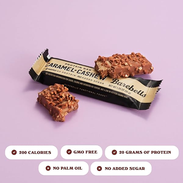BAREBELLS PROTEIN BARS CARAMEL CASHEW – 12 COUNT, 20G HIGH PROTEIN TREATS – CHOCOLATE NUTRITION BAR WITH 1G TOTAL SUGARS – ON-THE-GO BREAKFAST OR POST-WORKOUT SNACK