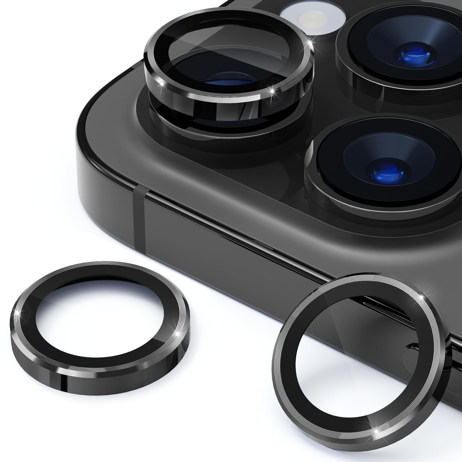 imluckies Camera Lens Protector for iPhone 15 Pro/iPhone 15 Pro Max, 9H Tempered Glass & Anti-Scratch Metal Individual Ring Lens Cover, HD Clear Camera Accessories [Strong Adsorption] - Black