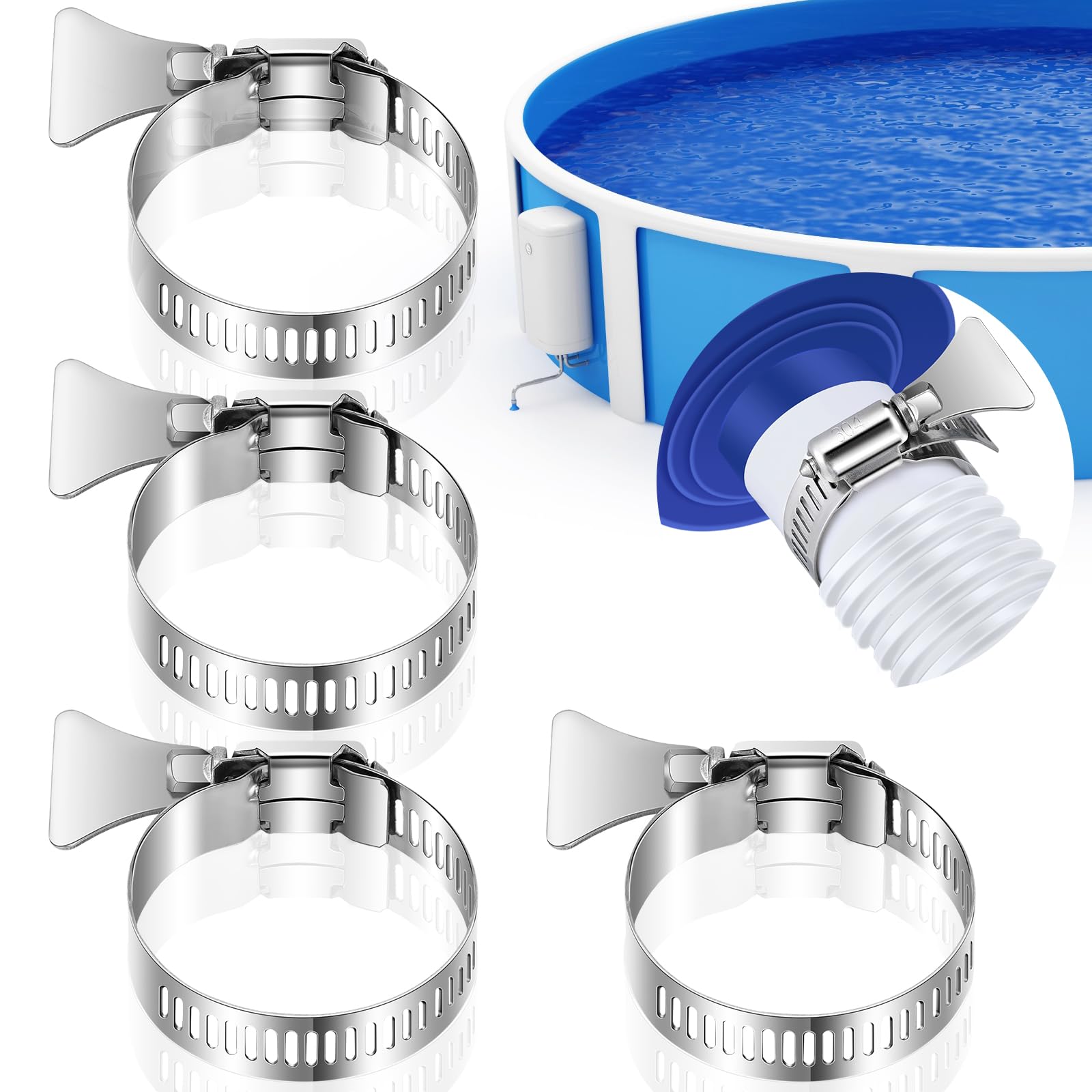 Photo 1 of Hicarer 4 Pcs 1-1/2 Inch Hose Clamps Stainless Steel Adjustable Pool Hose Clamps with Thumb Screw for Above Ground Swimming Pool and PVC Tubing